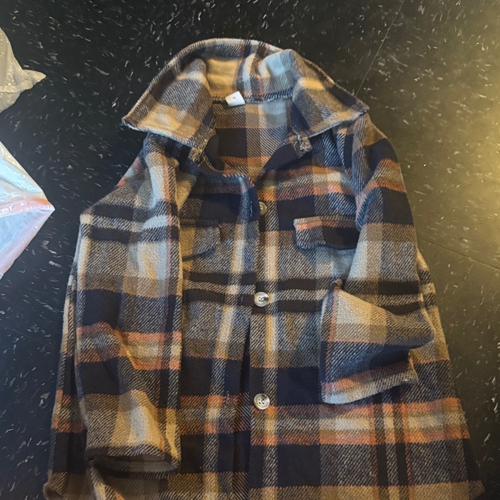 SHEIN Navy, Brown and Cream Plaid Pea Coat for Kids